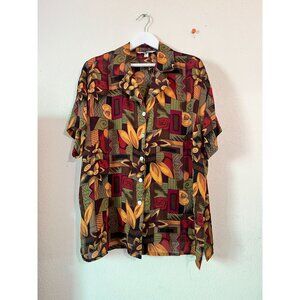 Vintage Ship N Shore Women Short Sleeve Button-Up Shirt 2X Abstract Floral Print